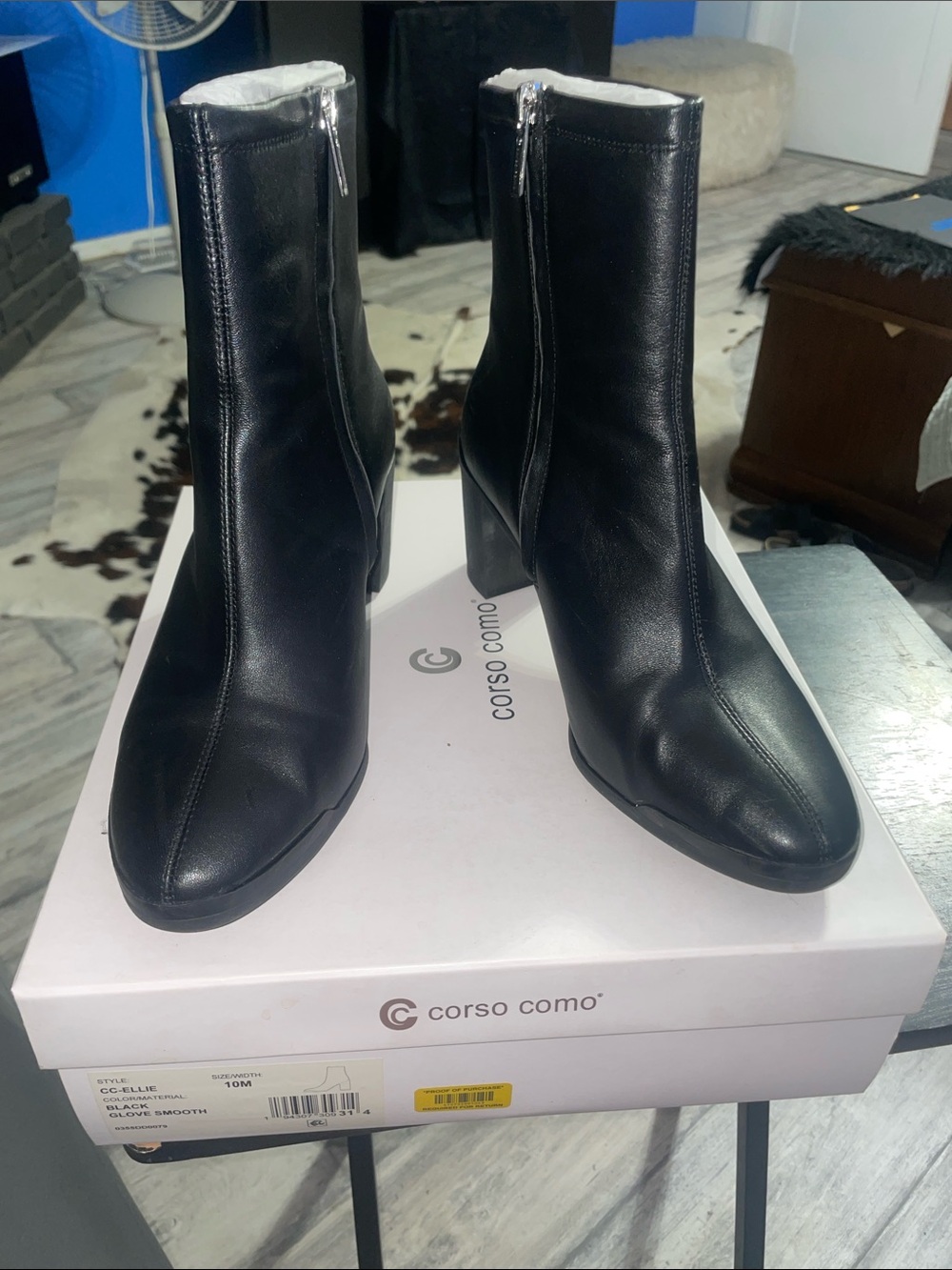 Corso Como Black Leather Pointed Ankle Boots with Block Heel
